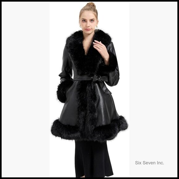 Faux Leather Jacket with Faux Fur Collar Winter Peplum Parka Coat with Belt